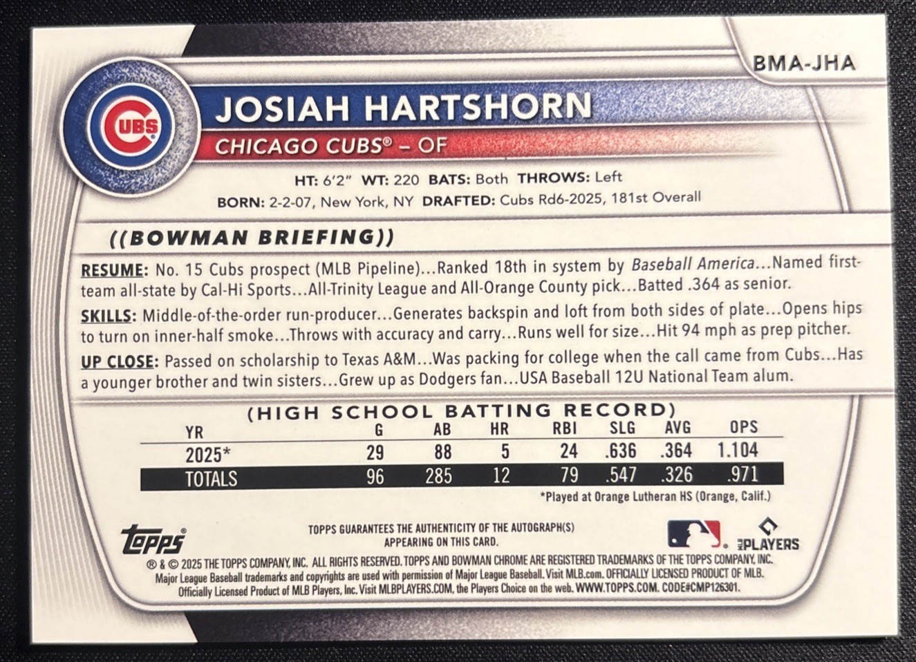 Josiah Hartshorn 2025 Bowman Mega Box Mojo Refractor Auto BMA-JHA SP Cubs