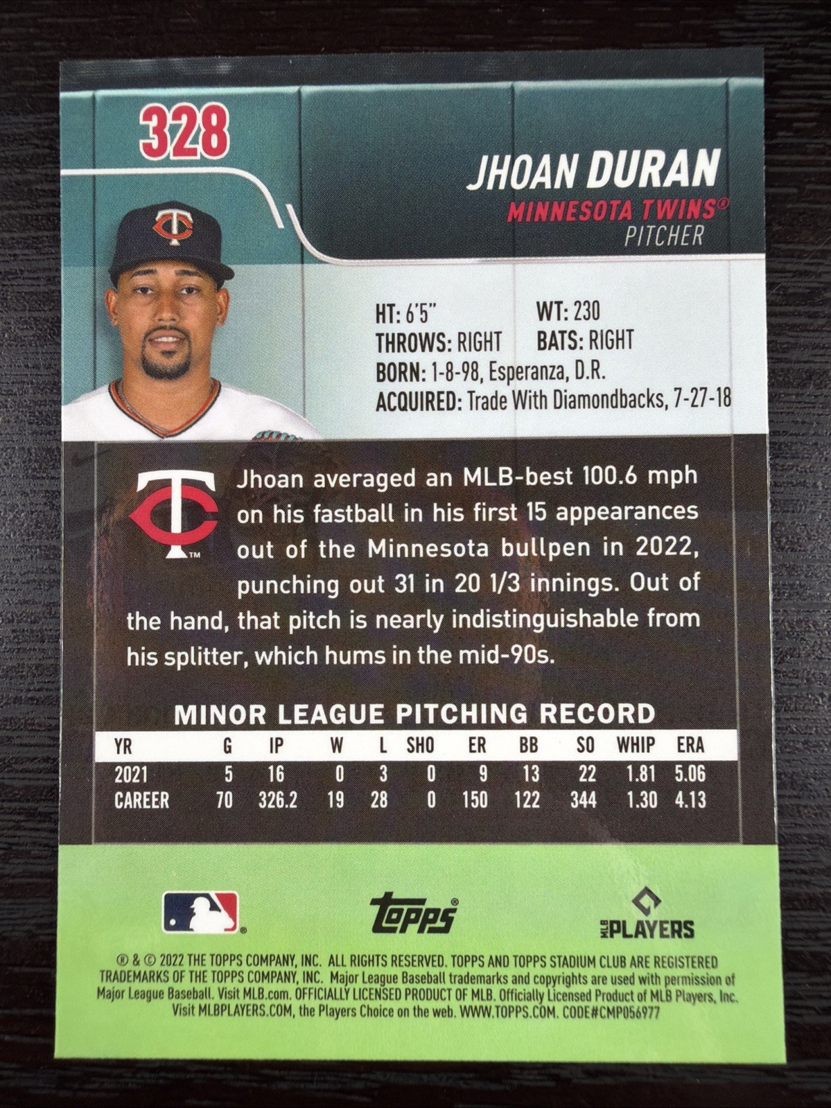 Jhoan Duran RC 2022 Topps Stadium Club Chrome X-FRACTOR Rookie #328 Phillies