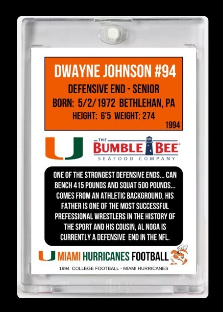 1994 Dwayne Johnson “The Rock” NCAA Rookie Card Miami Hurricanes #94