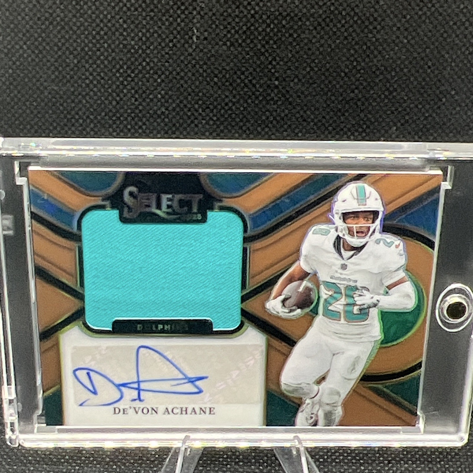 Panini 2023 Select De’Von Achane Jumbo Signature Swatches Prizm Copper Auto /49