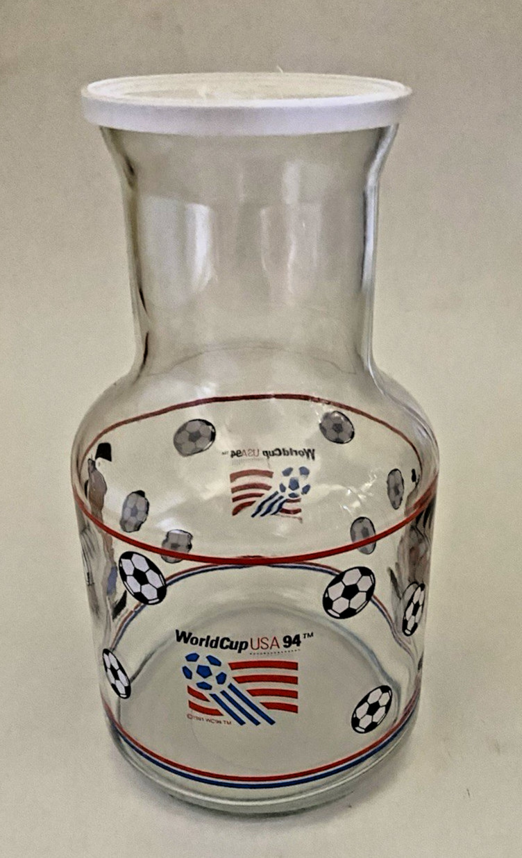 Vintage-1994 World Cup-USA Soccer-Striker-Glass Carafe w/Lid-1994