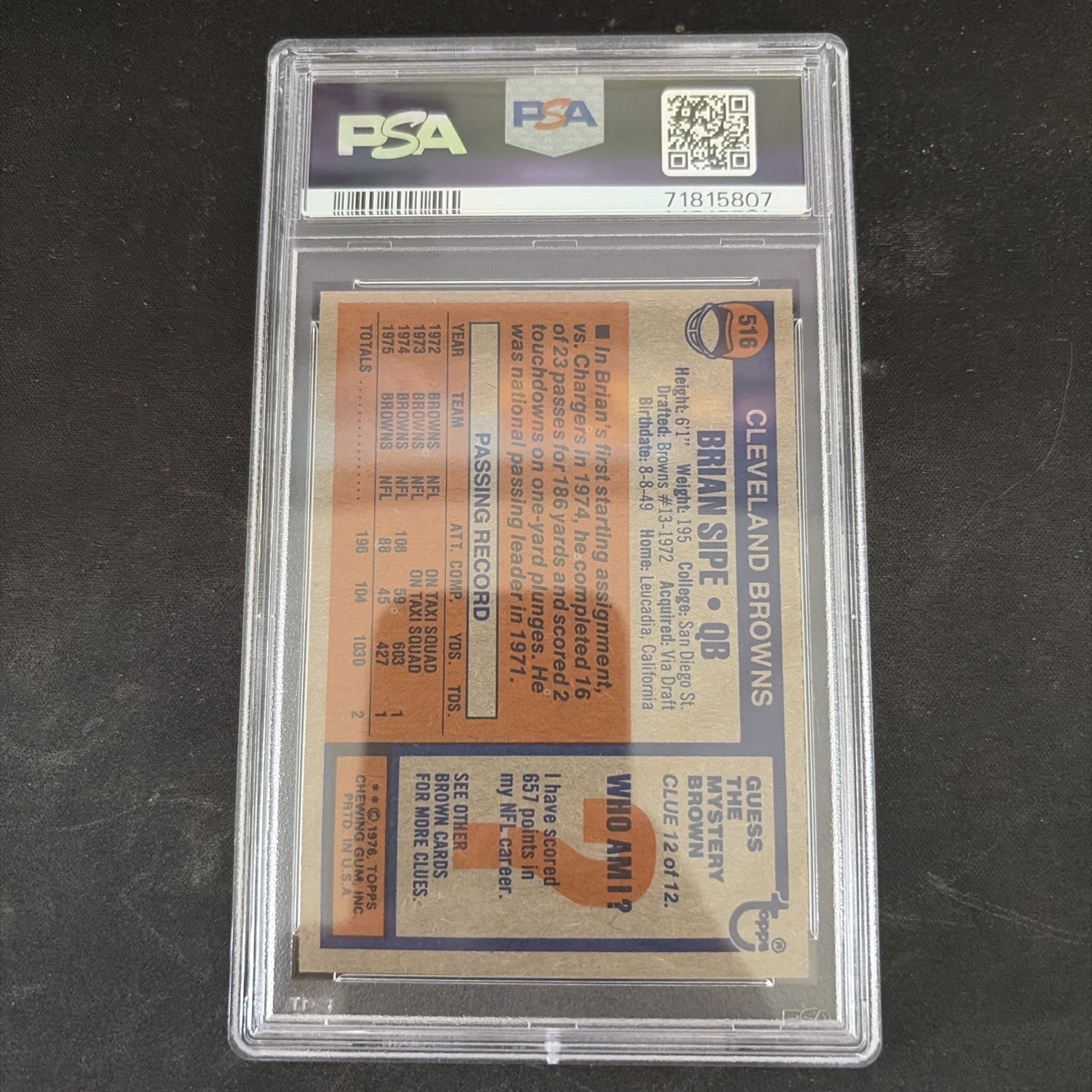 1976 Topps – Brian Sipe #516 (RC) PSA 7