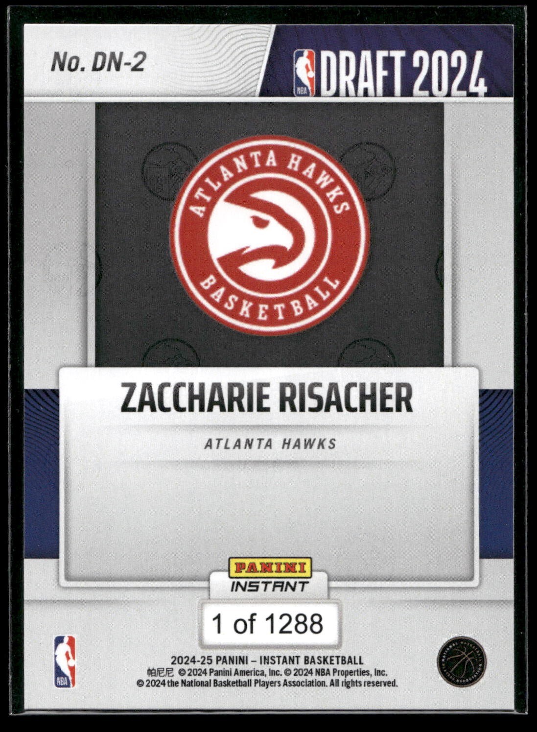 2024-25 Panini Instant Zaccharie Risacher ROOKIE DRAFT NIGHT SP Hawks #DN-2 RC