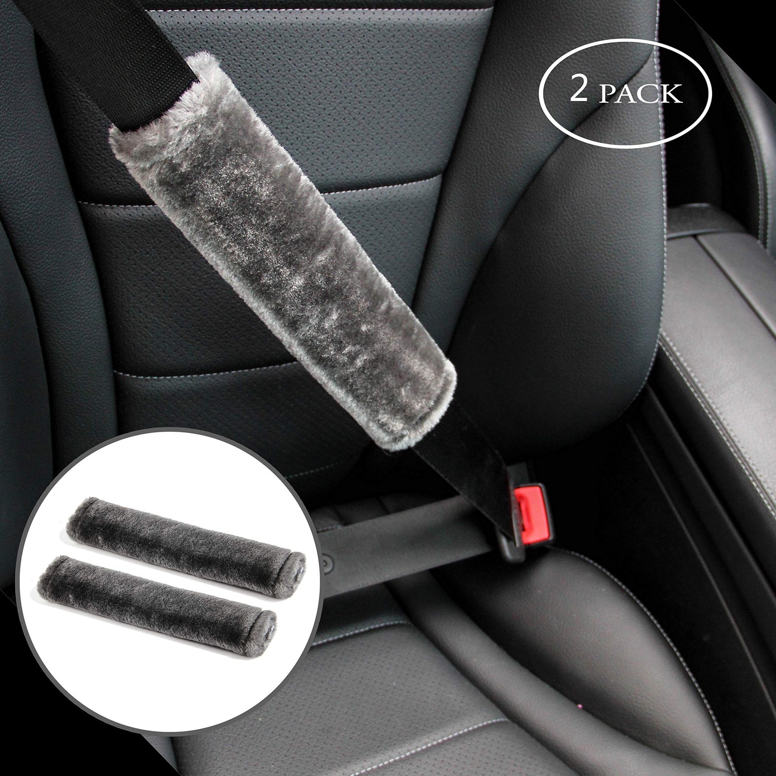 Amooca Soft Faux Fur Universal Fit Seatbelt Cover Car 10.5in 2pack, Dark Gray