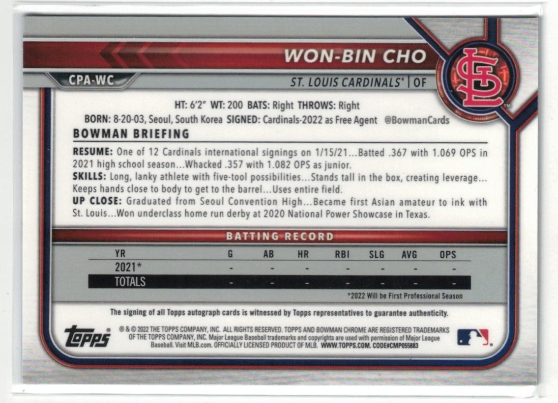 2022 1st Bowman Chrome BLUE Mojo RC AUTO Won-Bin Cho! Rookie! Autograph /150