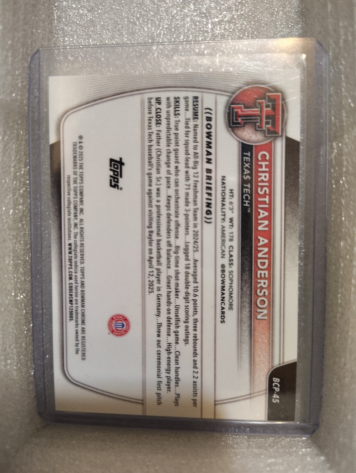2025 Bowman Chrome Black Mojo Refractor Christian Anderson 1st Texas Tech #05/10