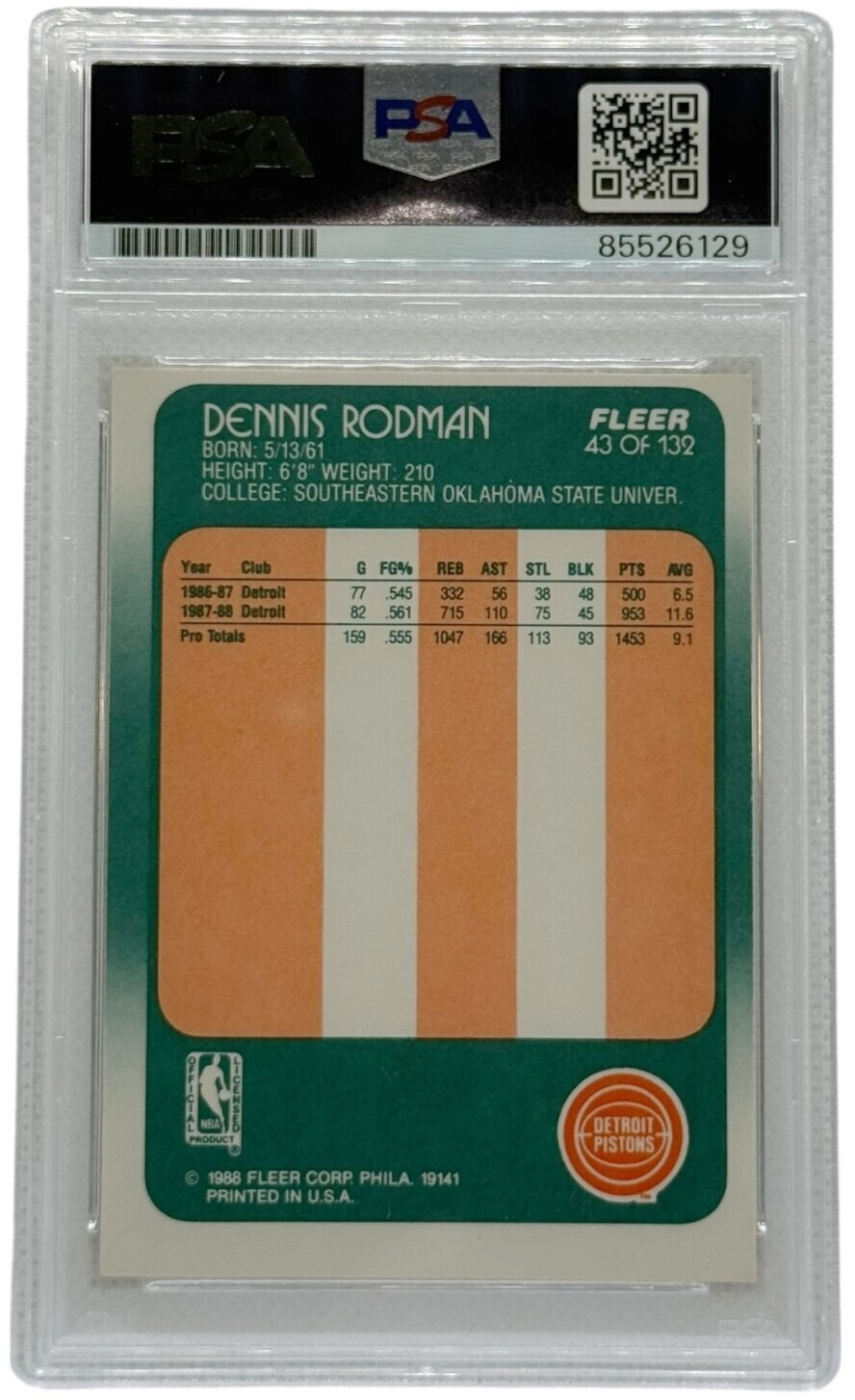 Chicago Bulls Dennis Rodman 88-89 Fleer Rookie Card #43 PSA Authenticated
