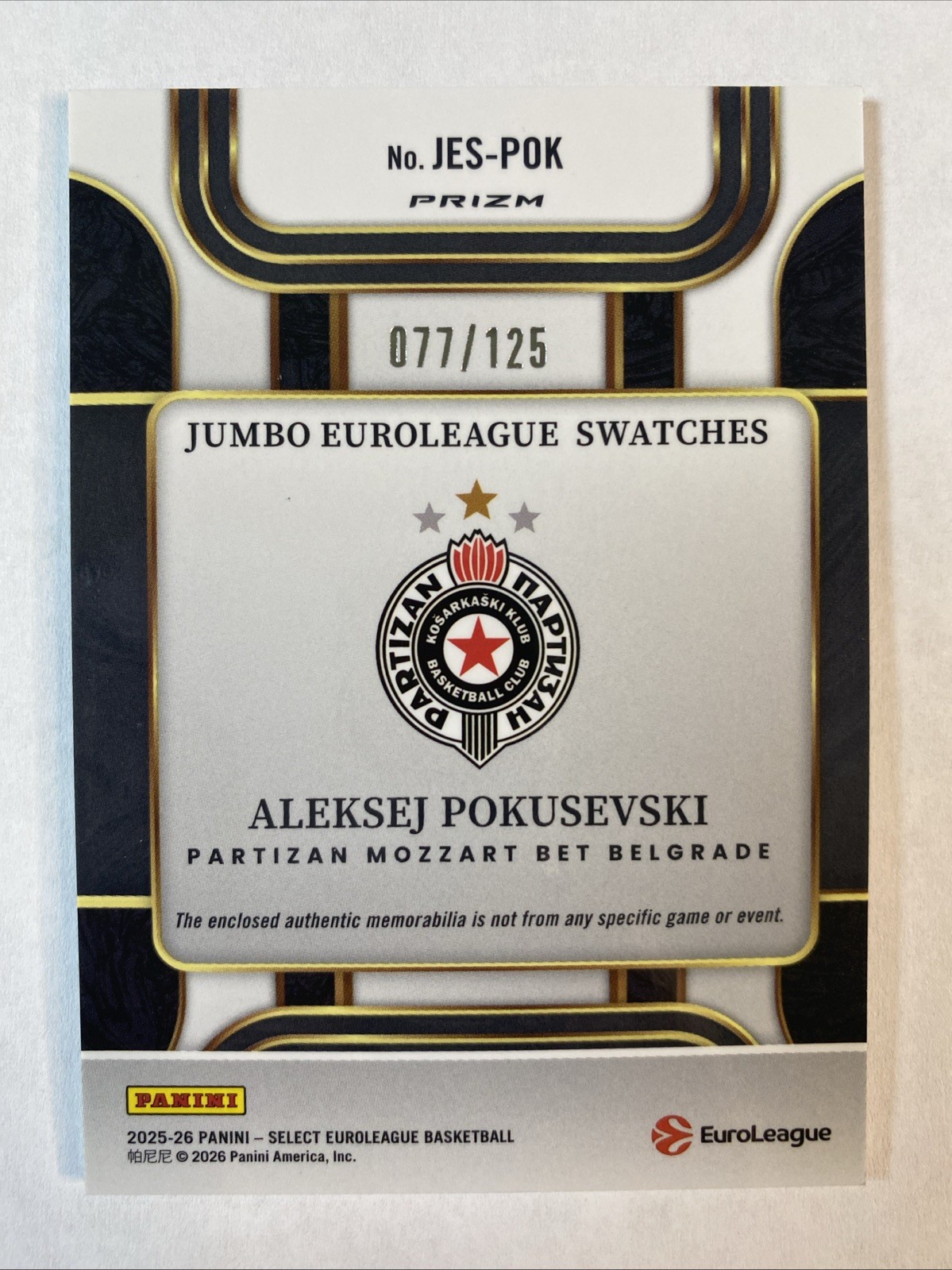 ALEKSEJ POKUSEVSKI 2025-26 Panini Select EuroLeague Jumbo Jersey Patch /125