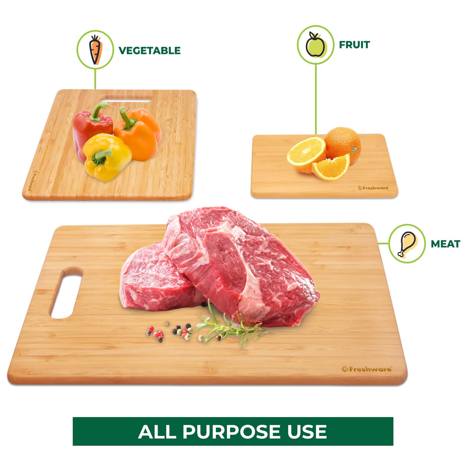 Freshware Bamboo Cutting Board Set of 3 (8×6, 11×8.5, 13×9.5 in),