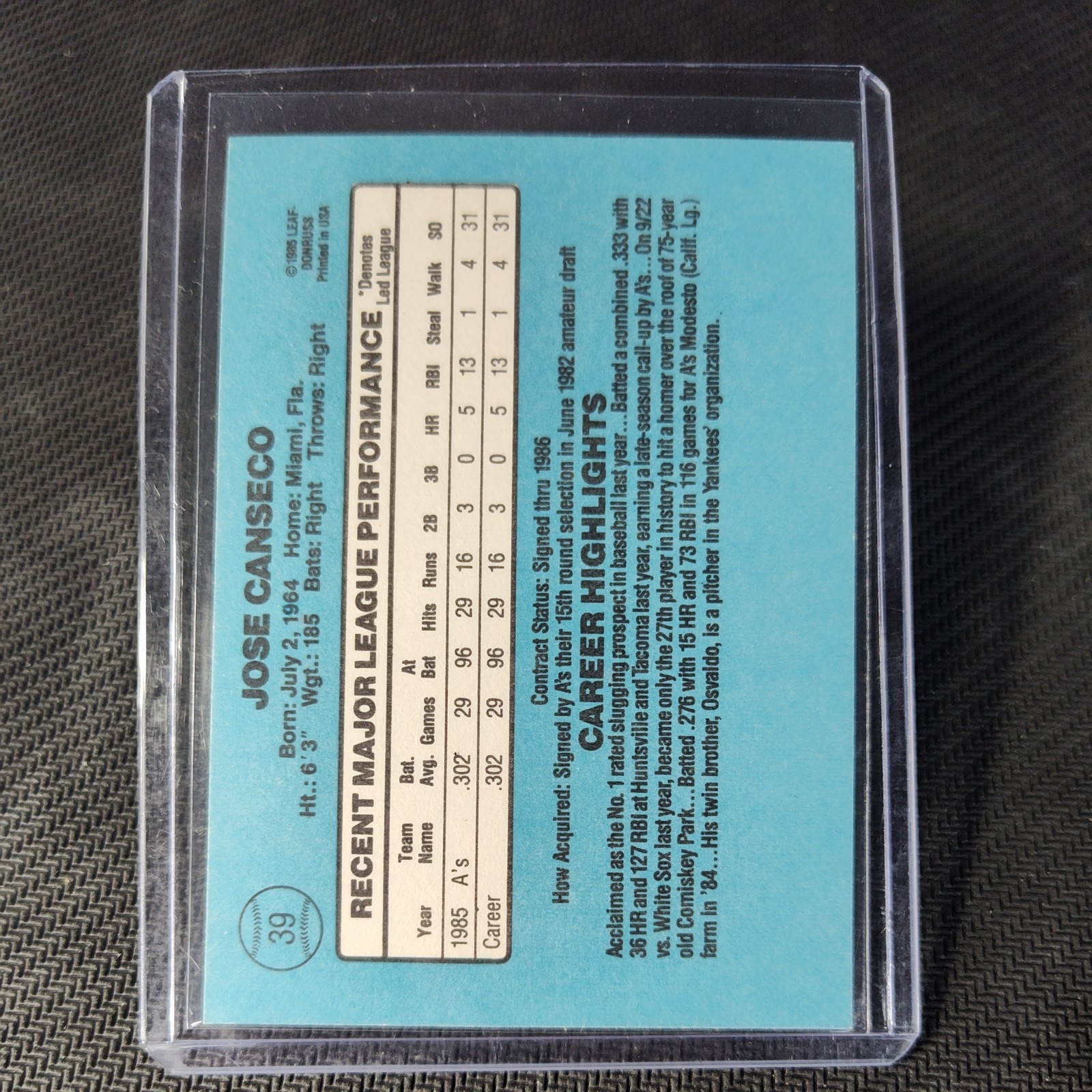 1986 Donruss – Rated Rookie Jose Canseco #39 (RC)