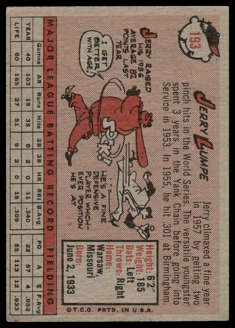 1958 Topps Jerry Lumpe #193 Rookie New York Yankees – Excellent