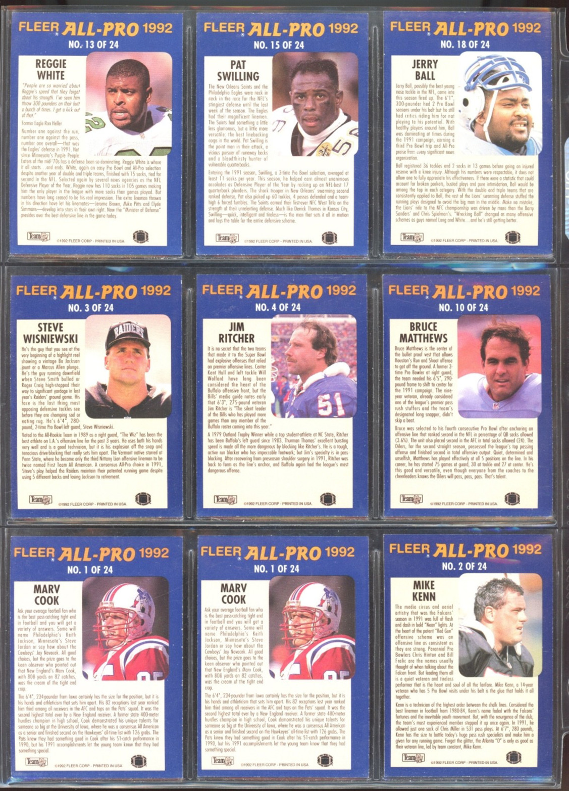 1992 Fleer Football, All-Pro Inserts # 1 to # 18, U-PICK, NM/M, BB3