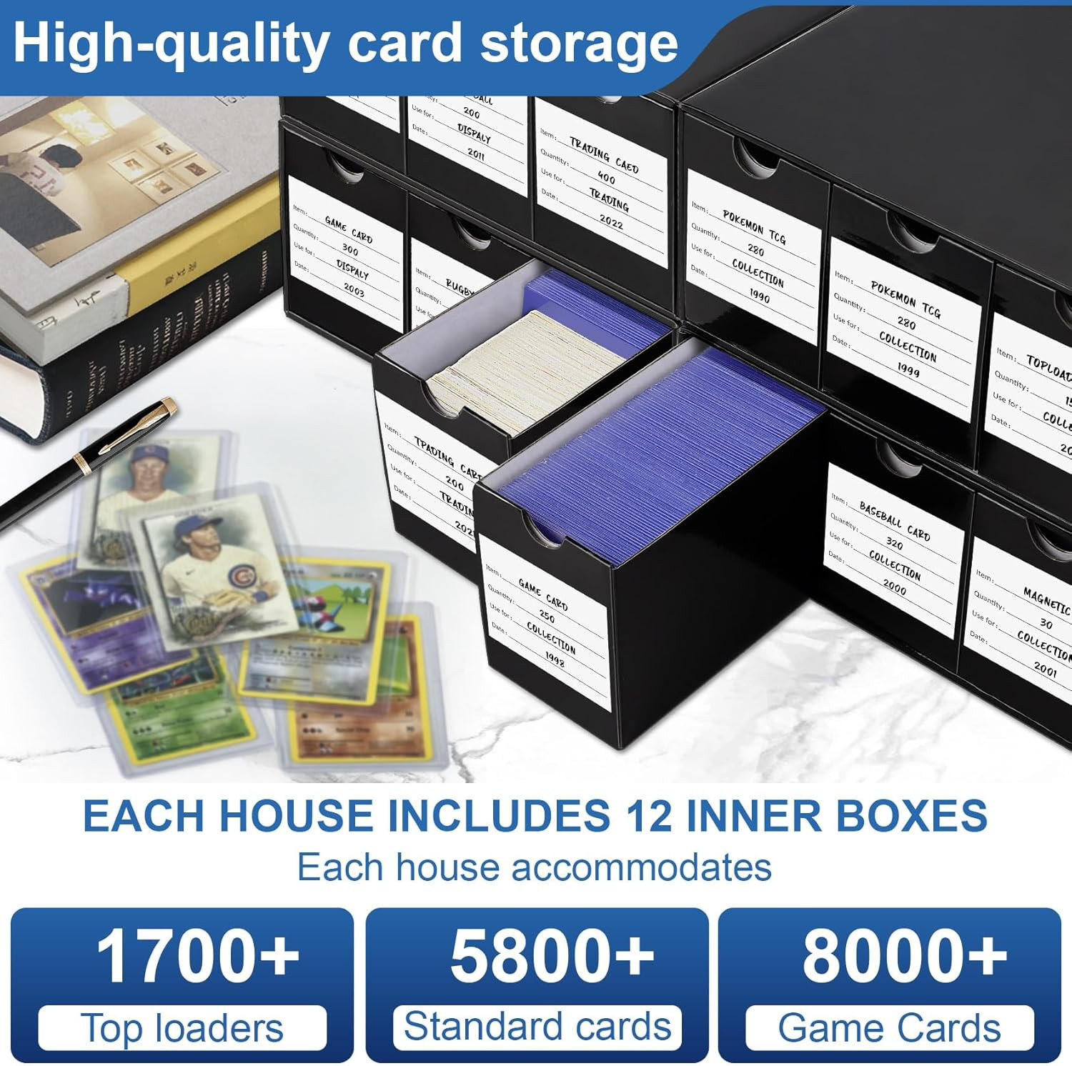 Trading Card Storage Box 12 Drawers Cardboard Organizer with Dividers for Top Lo