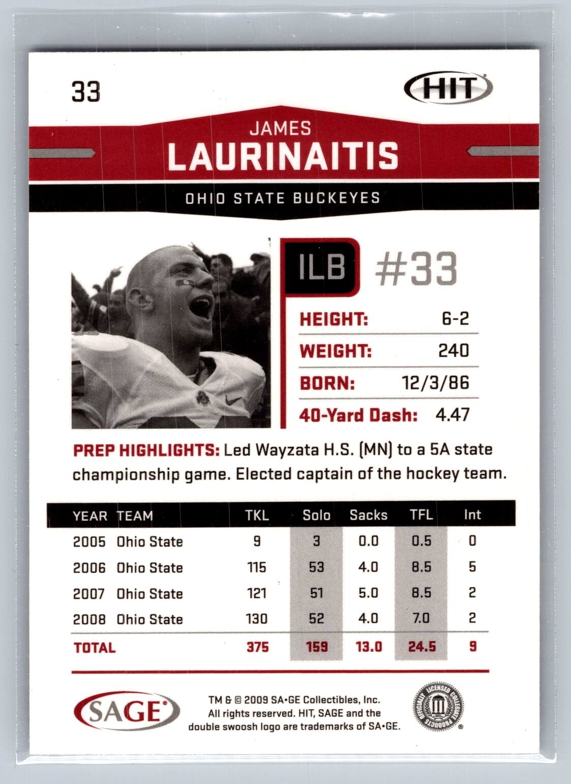 2009 sage hit low series football james laurinaitis silver rookie card #33