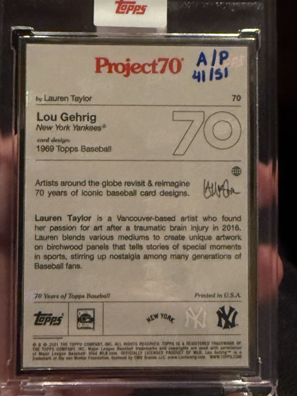Topps PROJECT 70 – Lou Gehrig By Lauren Taylor – Artist Proof AP- 41/51 Silver