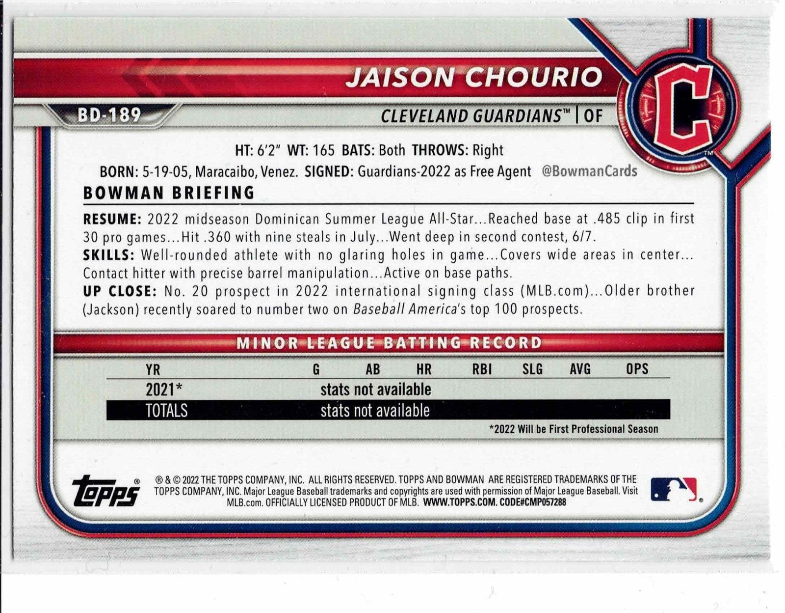 Jaison Chourio Cleveland Guardians 2022 Bowman Draft