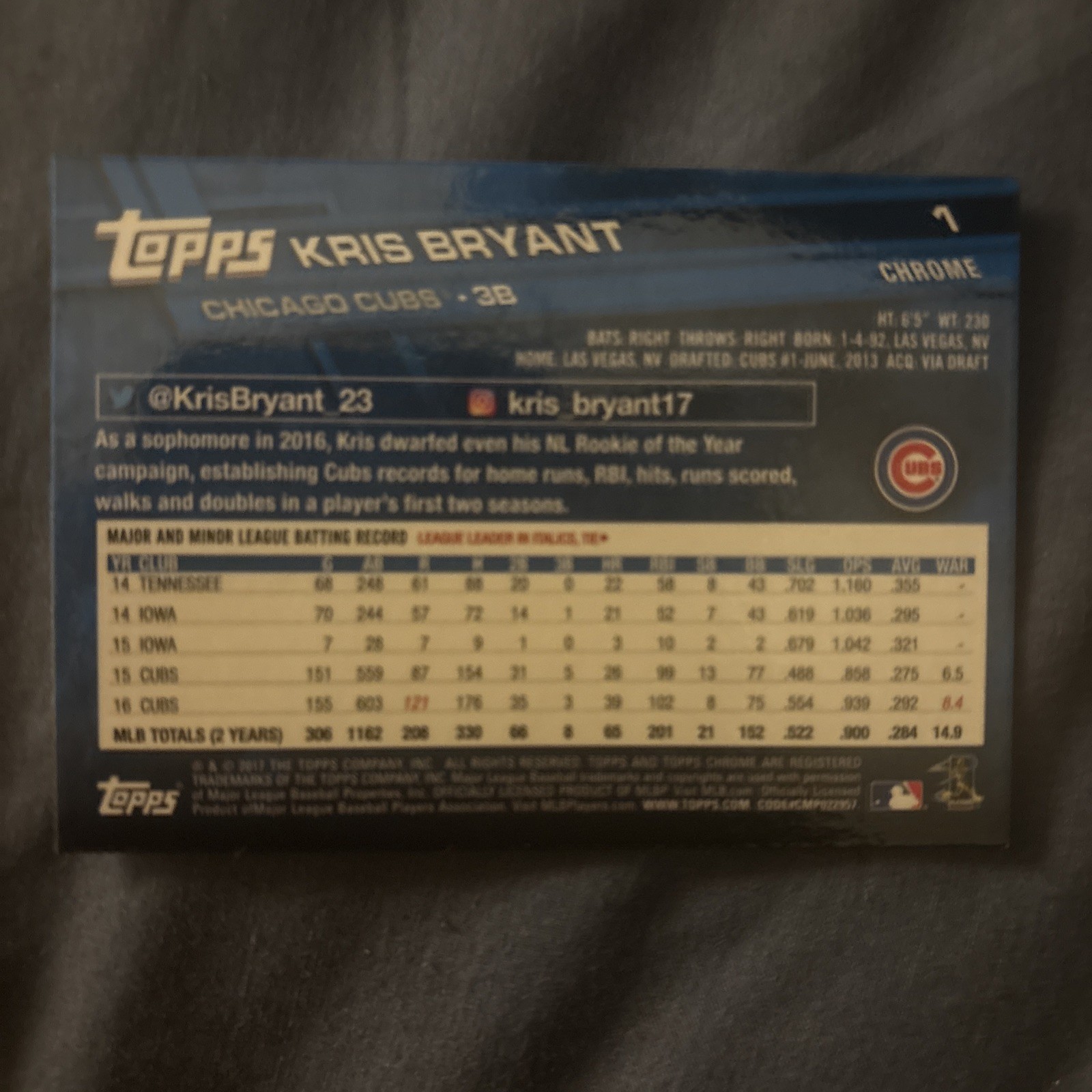 2017 Topps Chrome #1b Kris Bryant Refractor Image Variation SP Cubs