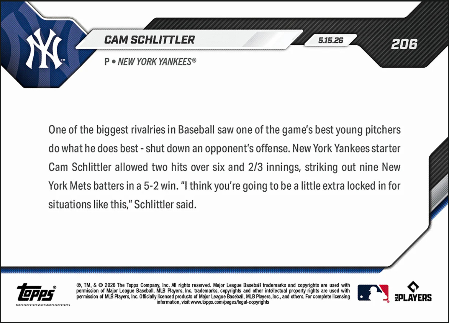Cam Schlittler (RC) 9Ks – 2026 MLB Topps NOW® – Card 206 Rookie IN HAND