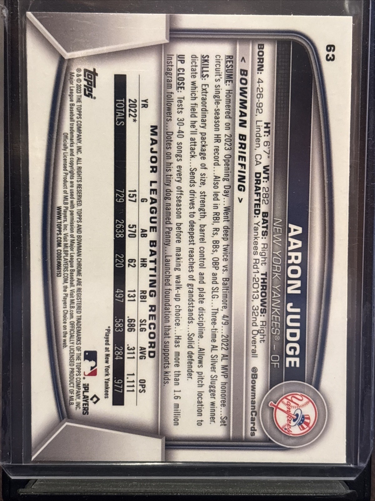 2023 Bowman Chrome Sapphire Aaron Judge #63 Yankees