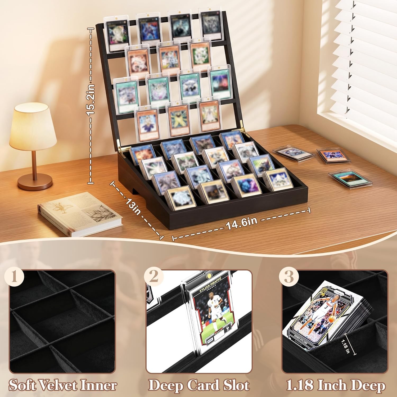 Wooden Card Sorting Tray 16 Compartment Trading Card Organizer Display