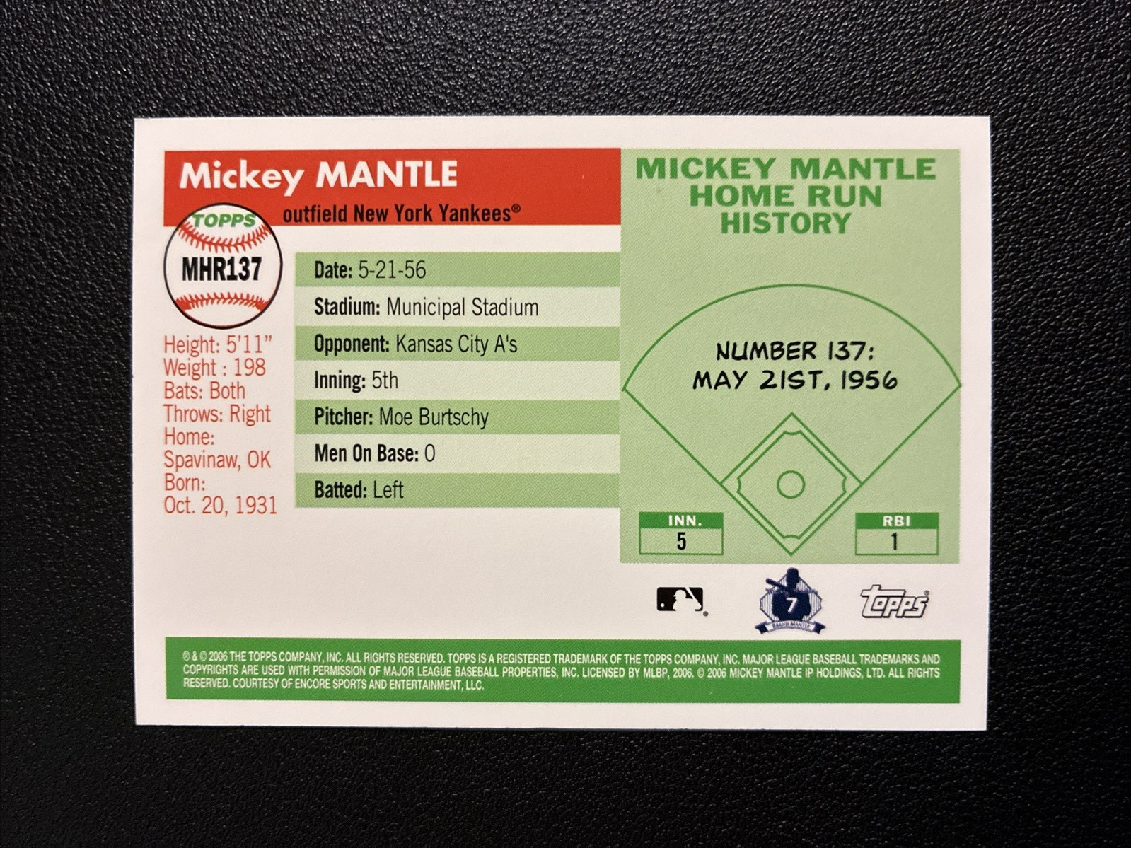 2006 Topps Baseball Insert -Mickey Mantle Home Run History Mickey Mantle #MHR137