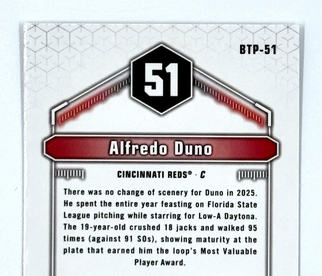 2026 Bowman Baseball Alfredo Duno #BTP-51 Top 100 Prospects SP Reds