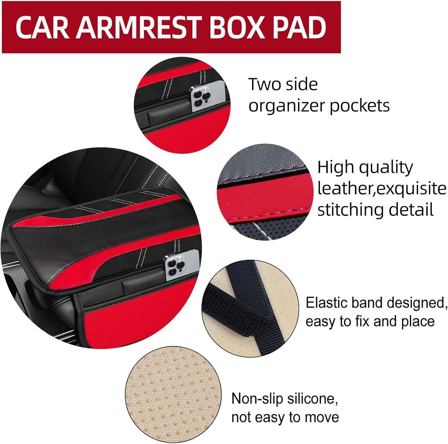 Car Steering Wheel Cover Seat Belt Pads Armrest Pad Cup Holder Mats Red Black