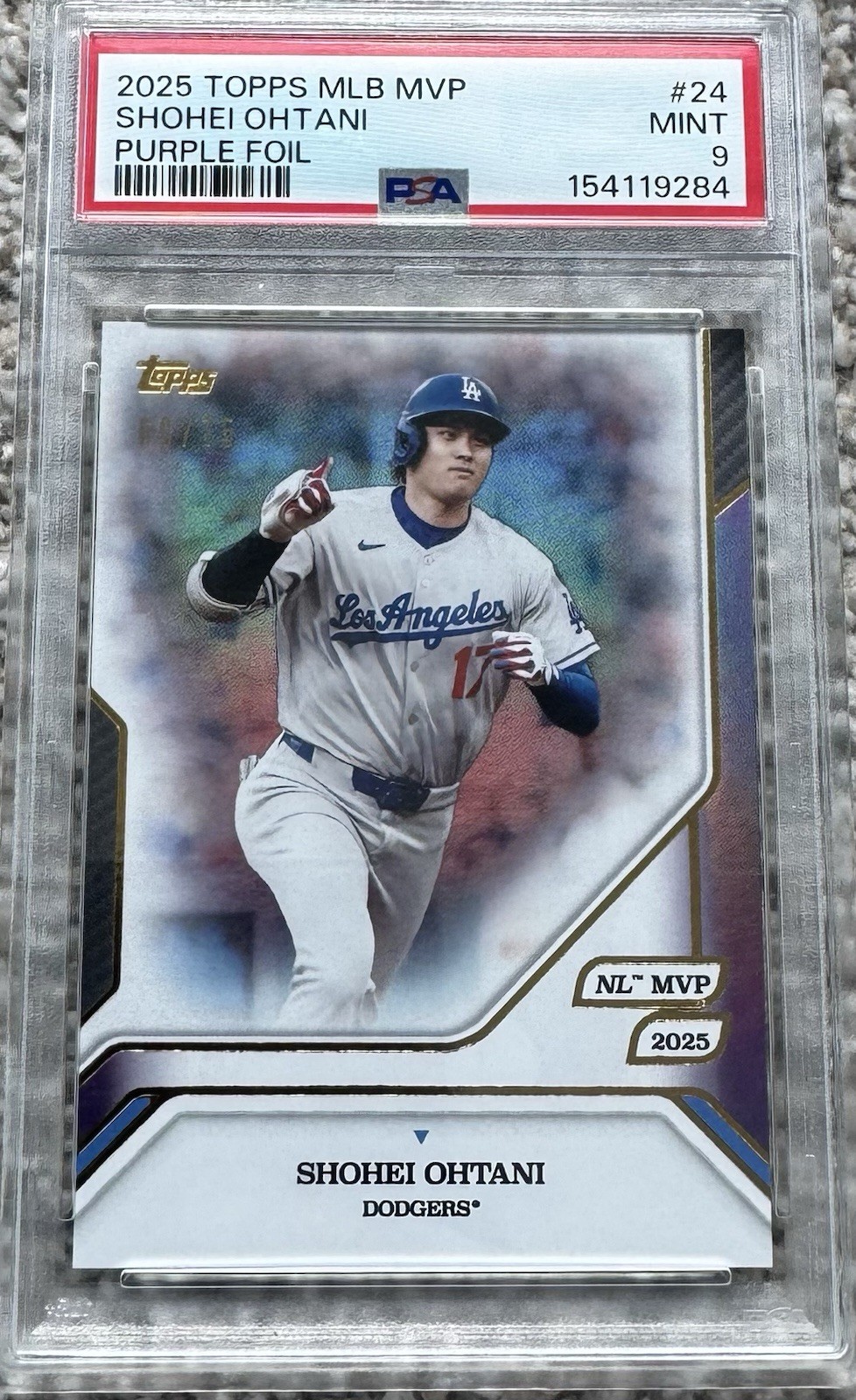 2025 TOPPS NOW SHOHEI OHTANI MVP COLL #24 PURPLE FOIL #/75 DODGERS PSA 9
