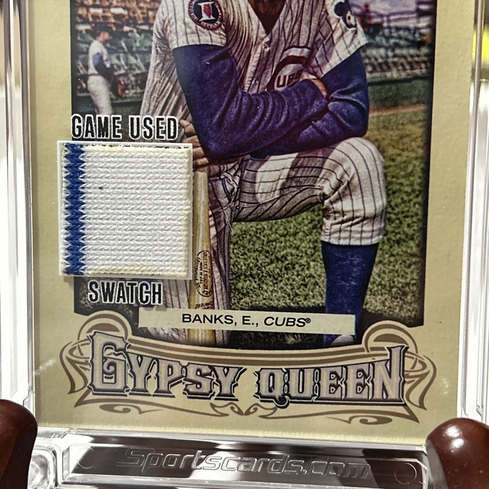 1990s Ernie Banks (Cubs) Game Worn Uniform Swatch, Sports Cards Gypsy Queen