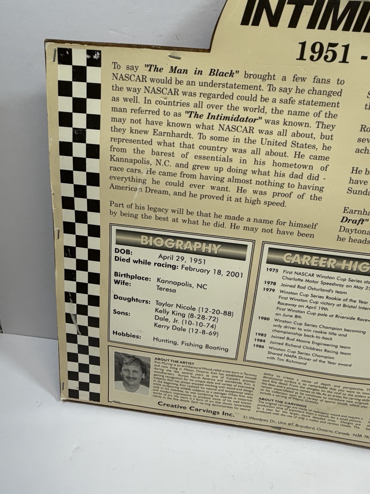 DALE EARNHARDT #3 RESIN 3D WOOD CARVING PLAQUE KIM MURRAY Hanging Picture