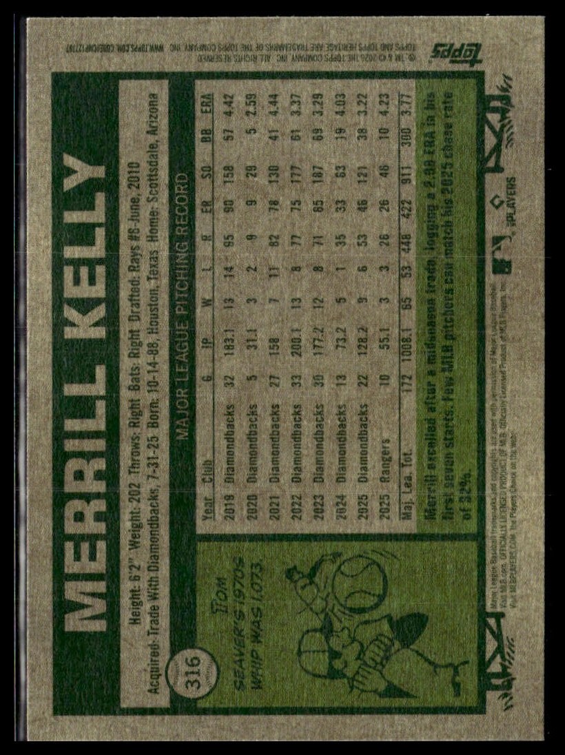 2026 Topps Heritage 316 Merrill Kelly Texas Rangers Short Print SP