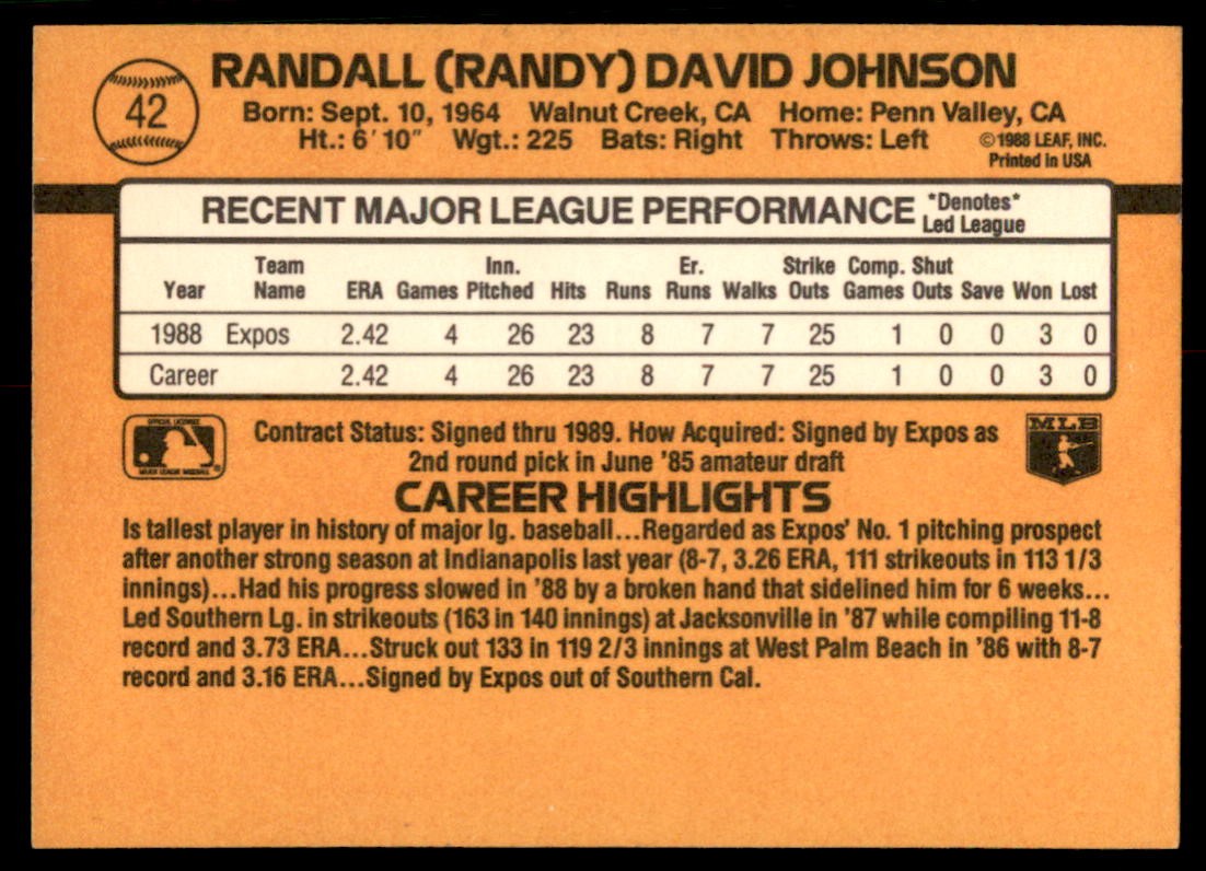 1989 Donruss #42 Randy Johnson Rookie