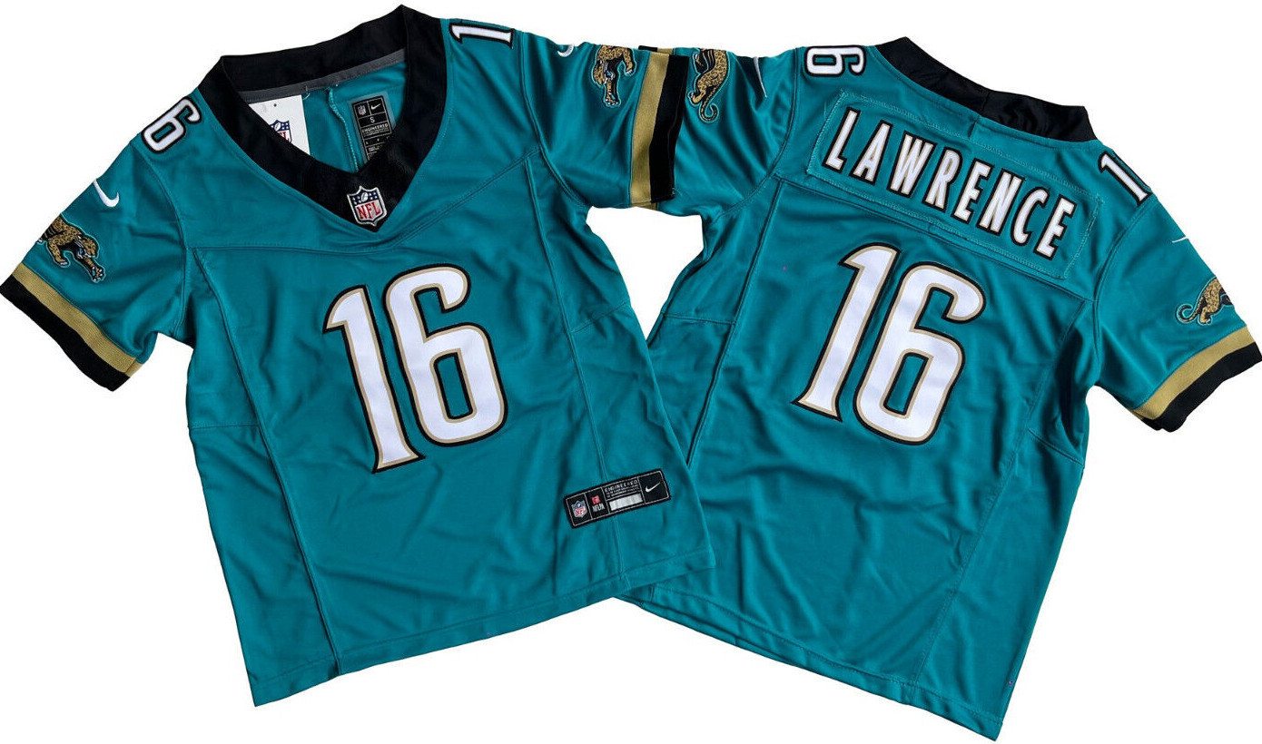 YOUTH Trevor Lawrence #16 Jaguars FUSE Teal Throwback Sewn Stitched Jersey.