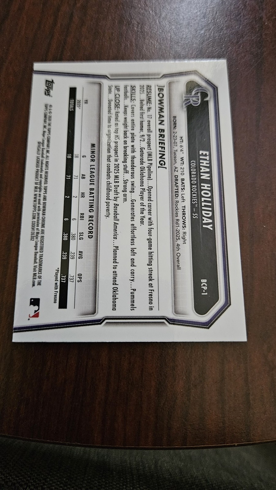 2026 Bowman #BCP-1 Ethan Holliday Chrome Prospects Lazer Refractor