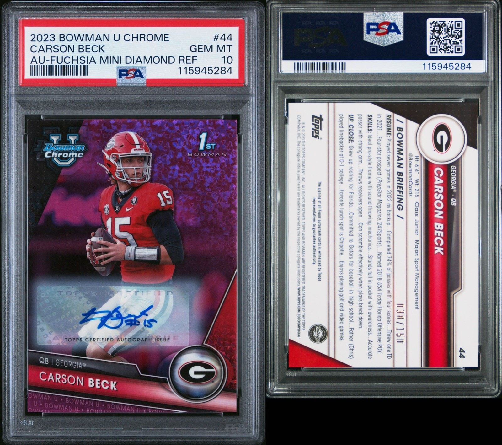 2023 Bowman U Chrome Auto Fuchsia MINI Diamond Carson Beck /150 PSA 10 POP 14!!