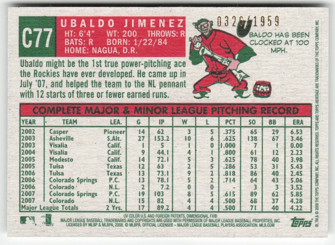2008 Topps Heritage #C77 Ubaldo Jimenez Chrome #/1959