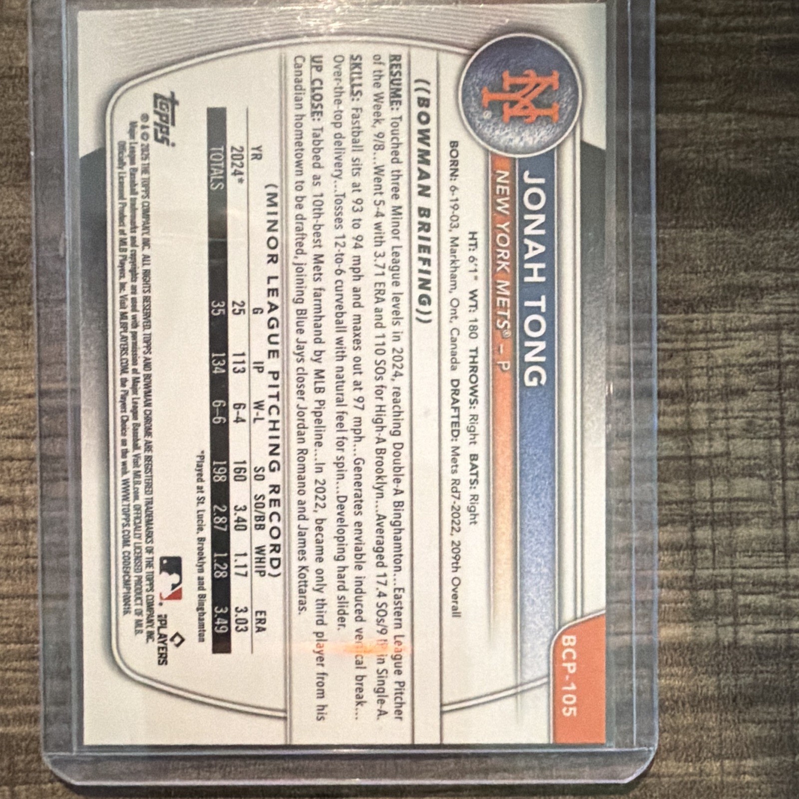 Topps Bowman Chrome 2025 Prospects Jonah Tong RC BCP-105 Lava /399 Mets