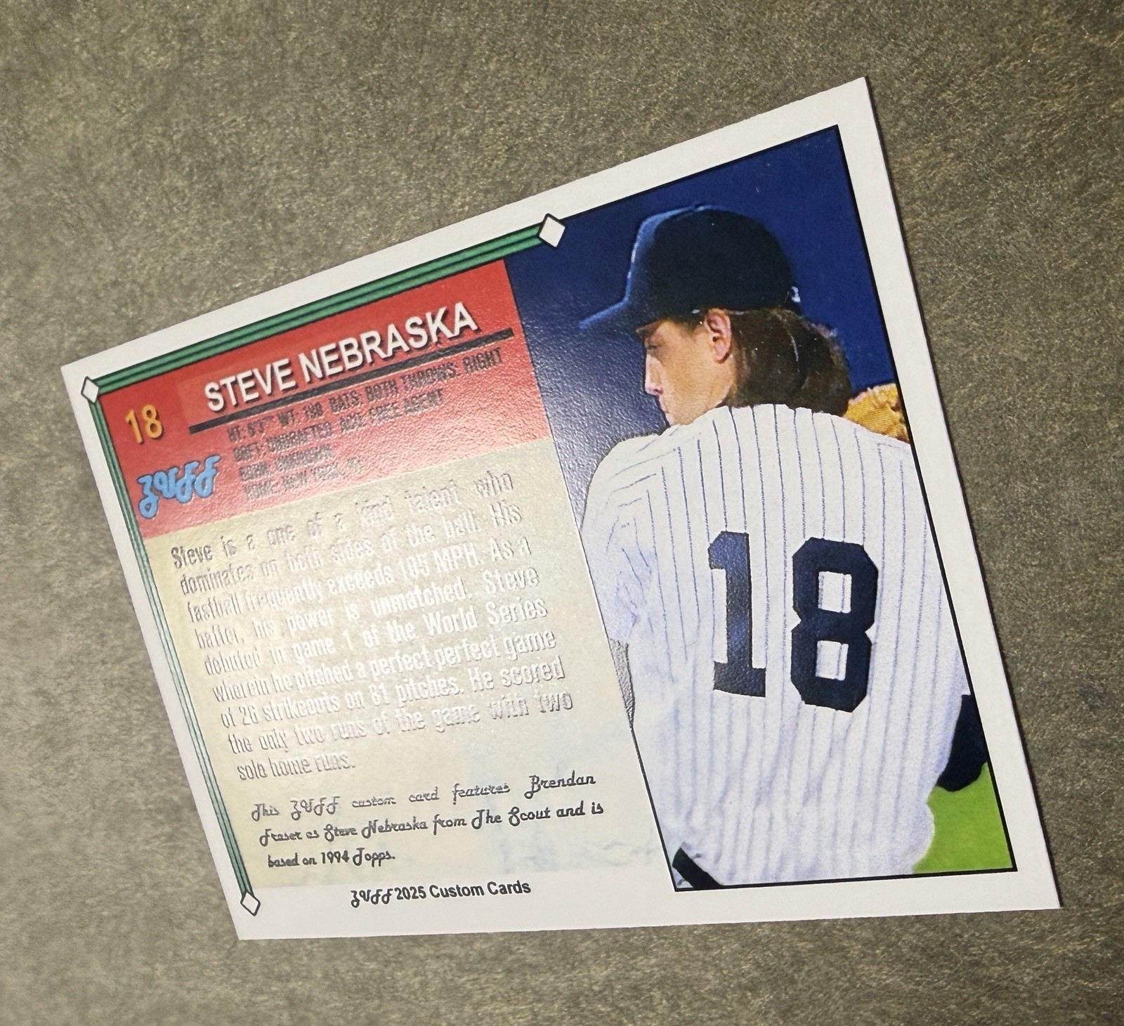 Steve Nebraska Handmade Custom Baseball Card, The Scout, Brendan Fraser, 1994
