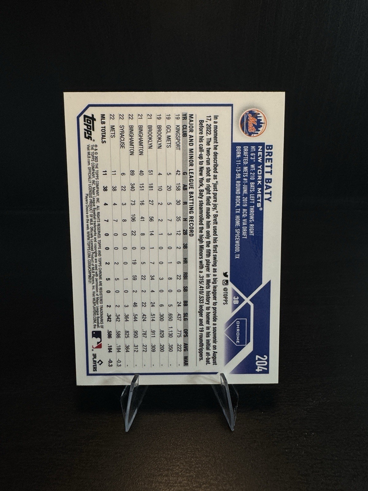 Topps 2023 Chrome Brett Baty RC Rookie Serial Numbered /50 #204 New York Mets
