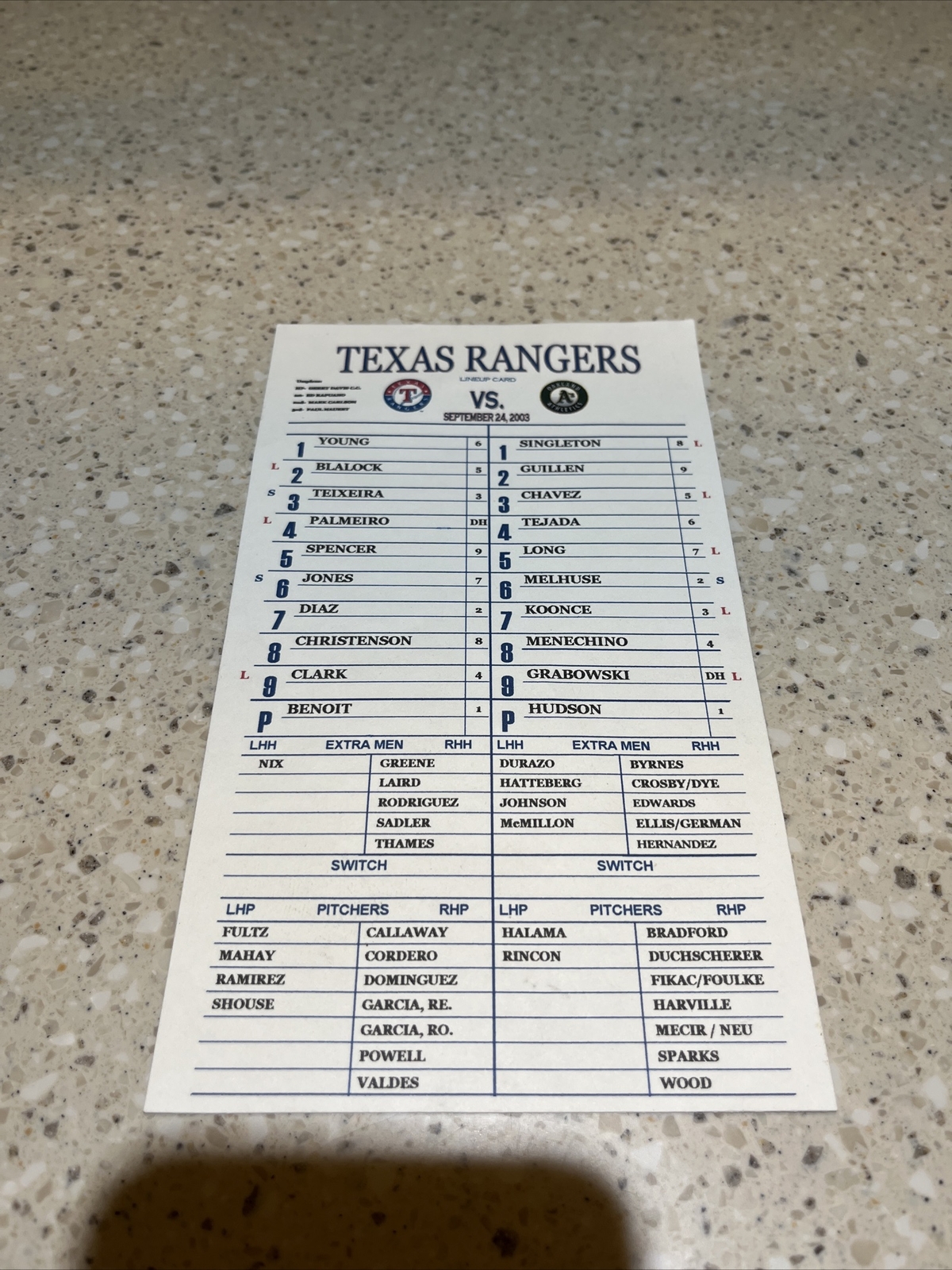 2003 Texas Rangers Game Used Line Up Card Vs Oakland A’s Coaches Card