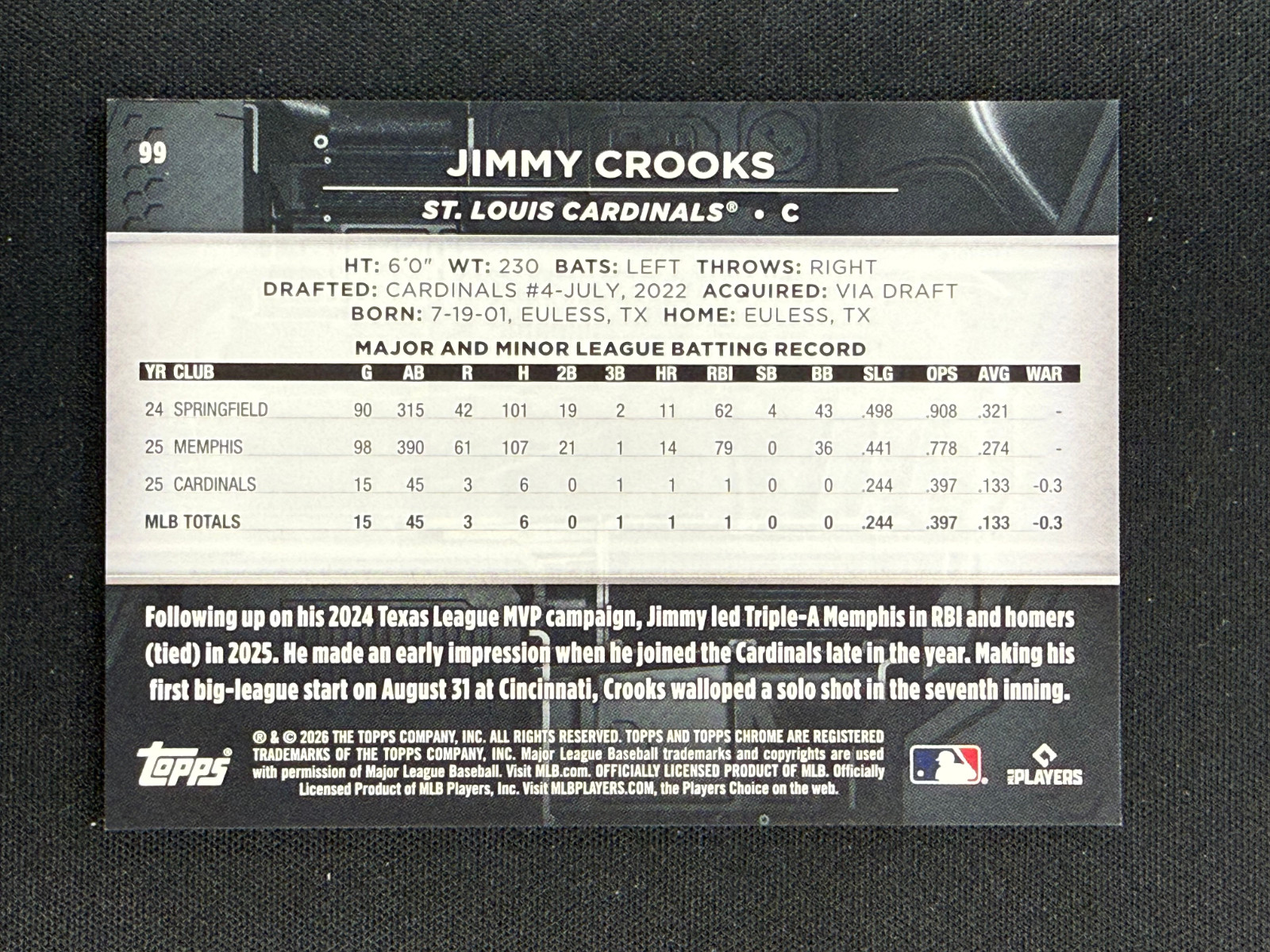 2026 Topps Chrome Black Gold Variation #/50 Jimmy Crooks RC #99 Cardinals