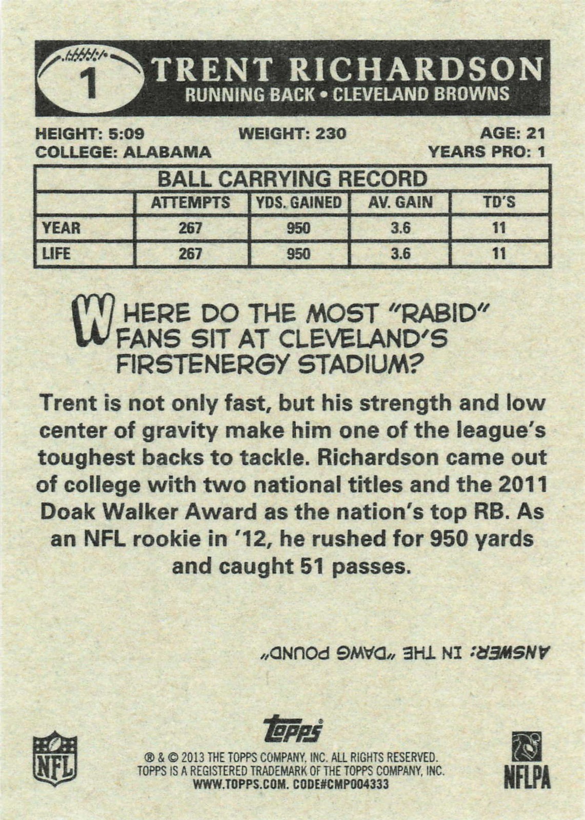 Trent Richardson 2013 Topps #1 1959 Minis