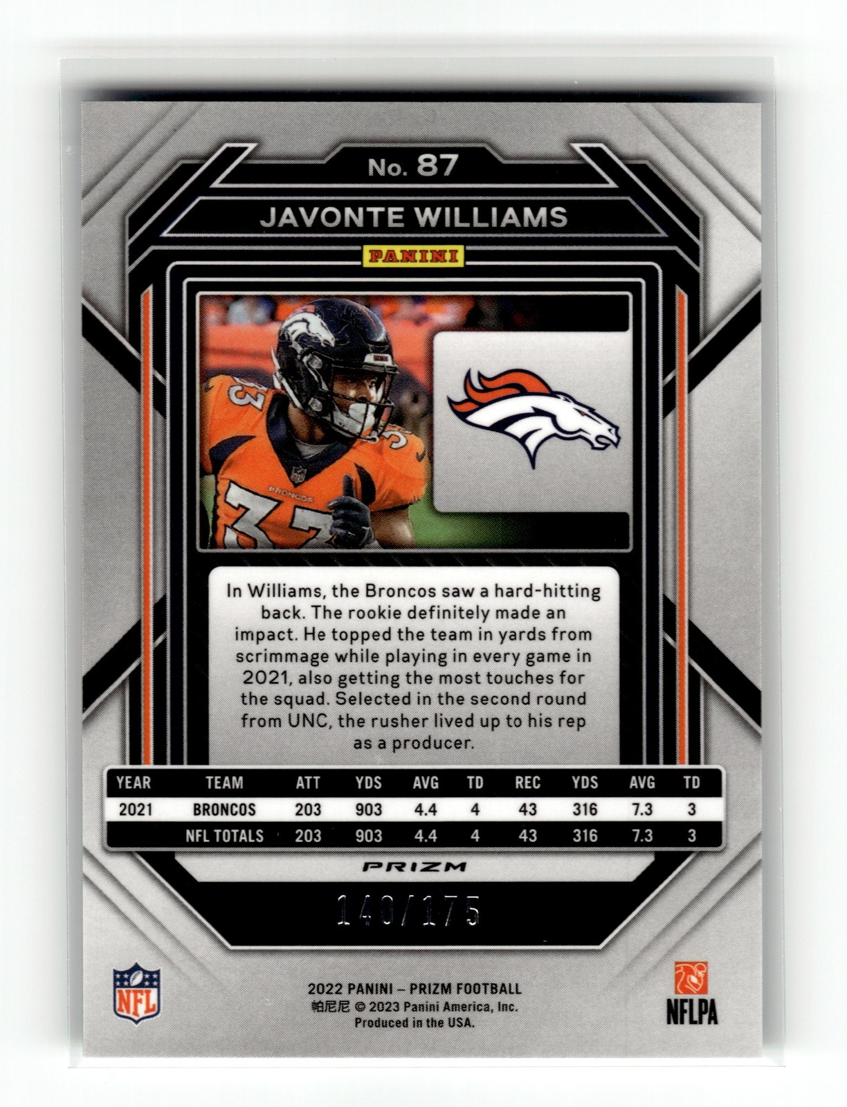 Javonte Williams 2022 Panini Prizm #87 Denver Broncos 140/175 Hyper