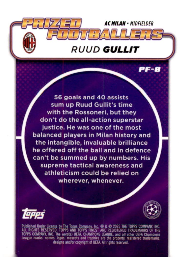 2024-25 Topps Finest Prized Footballers Ruud Gullit #PF-8 Purple Refractor /299