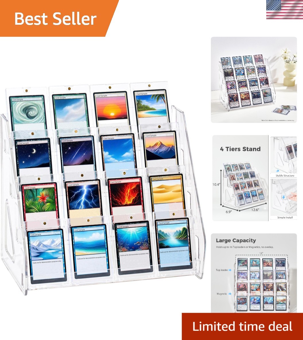 Card Display Stand Acrylic 4 Tier Shelf for Trading Cards Sports TCG PSA