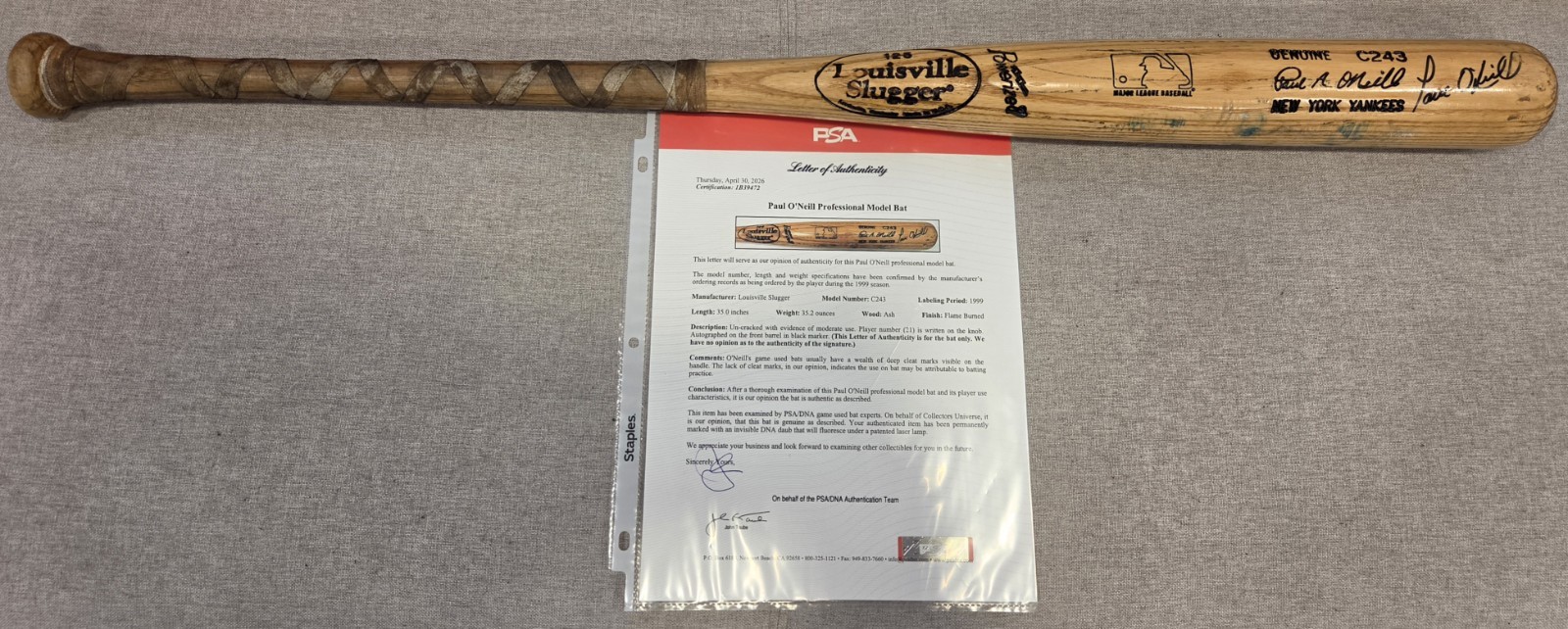 1999 Paul O’neill Signed Auto Game Used GU Uncracked LVS Bat PSA LOA Yankees
