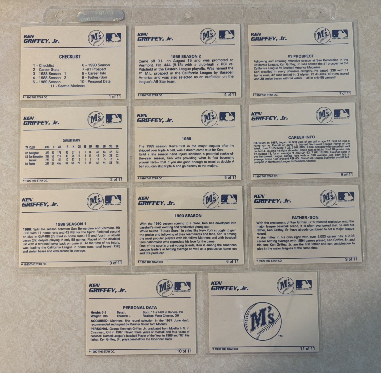 HOF Ken Griffey Jr 1990 Star Company 11 Card Set – Seattle Mariners