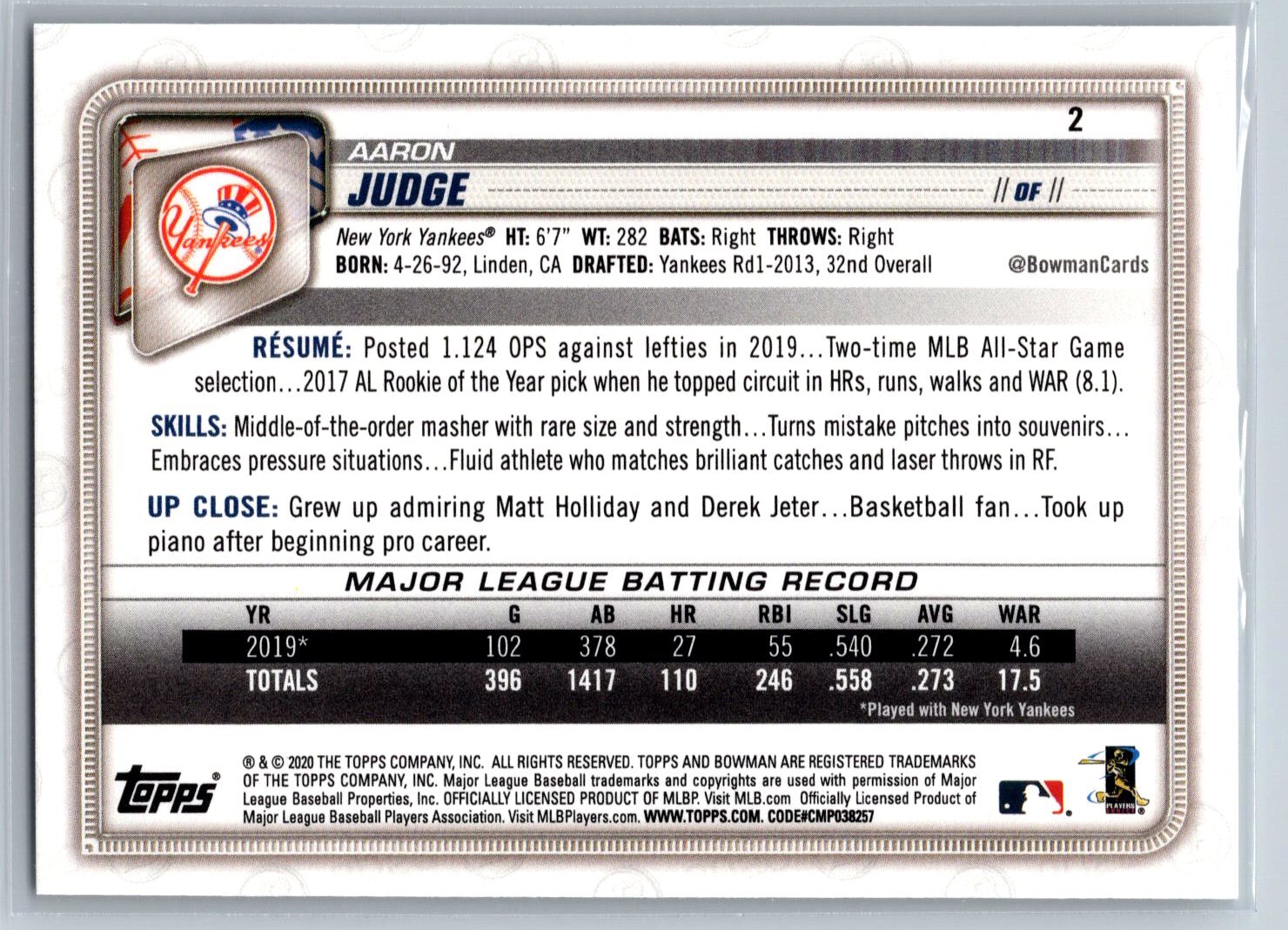 2020 Bowman Aaron Judge New York Yankees #2