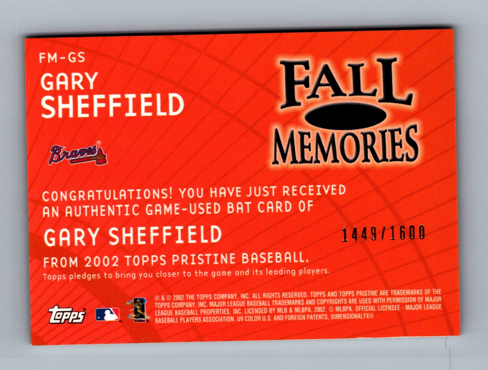 2002 Topps Pristine #FM-GS Gary Sheffield Fall Memories #/1600
