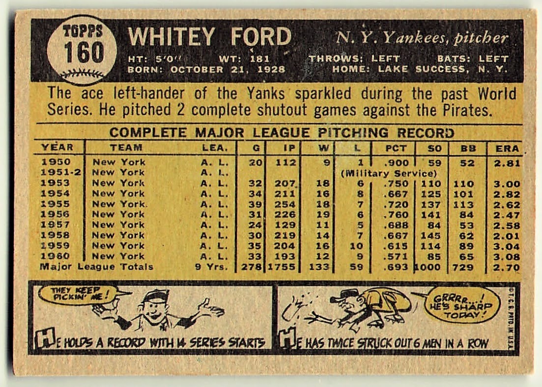 1961 Topps Whitey Ford #160 New York Yankees HOF *See Description*
